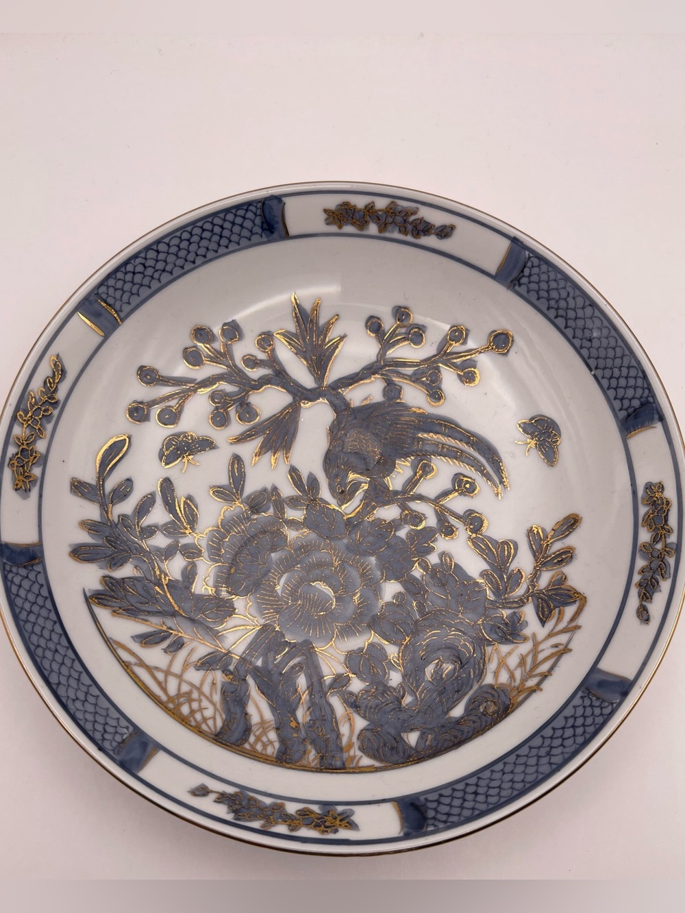 Vintage Japanese Porcelain Bowl | Blue Gold Bird Floral Hand Painted Hong Kong